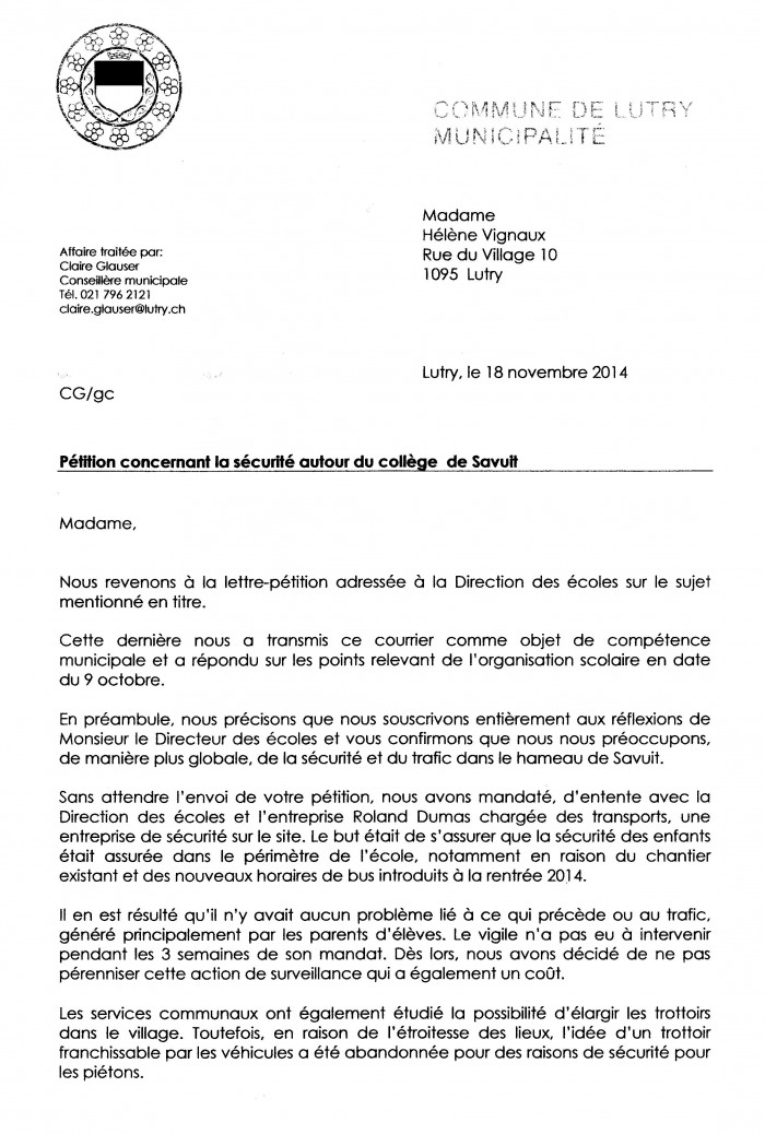Dans L Attente De Votre Reponse En Anglais Lutry: sécurité autour du Collège de Savuit - Petitions24.net